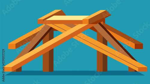 A timber frame bridge expertly constructed with strong diagonal wooden beams.. Vector illustration