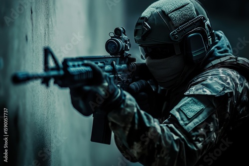 Soldier aiming firearm while seeking cover in a dimly lit urban environment