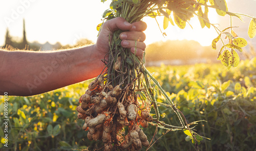 A farmer holding freshly harvested peanuts with roots in a field 