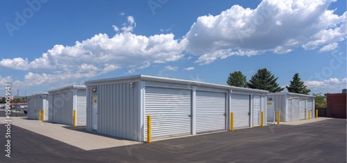 Self Storage Units Under Blue Sky: Rows of modern, clean self-storage units stand under a bright blue sky dotted with fluffy white clouds. The scene exudes a sense of security, organization.