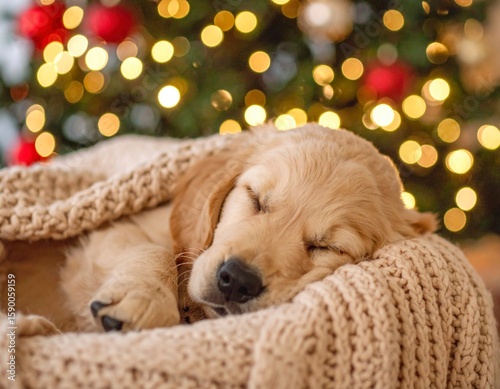 Sleeping Golden Retriever Puppy on Blanket. Generated image