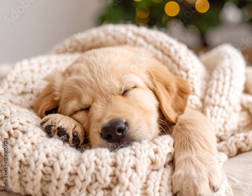 Sleeping Golden Retriever Puppy on Blanket. Generated image