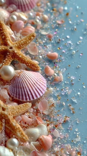 Colorful Seashells and Starfish Arranged on Sandy Surface in Natural Light