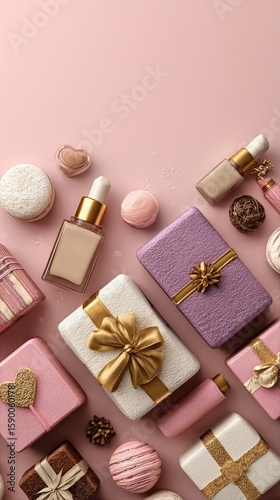Beautifully Arranged Cosmetic Products and Gifts on Pink Background