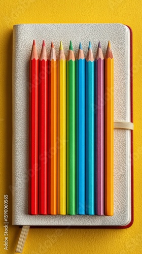 Creative Workspace With Colored Pencils on a Notebook in Vibrant Yellow Backg...