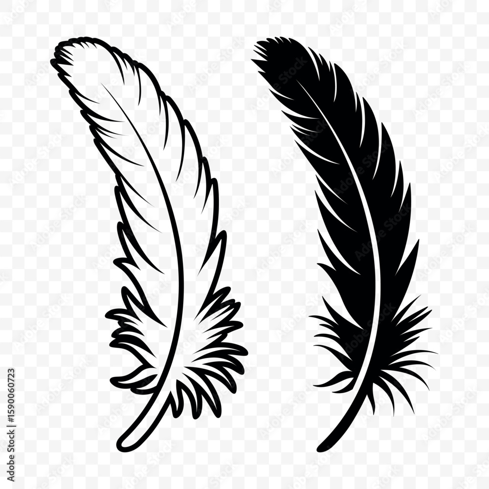 Obraz premium Vector Black and White Fluffy Feather Logo Icons. Silhouette Feather Set Closeup Isolated. Design Template of Flamingo, Angel, Bird Feather. Lightness and Freedom Concept