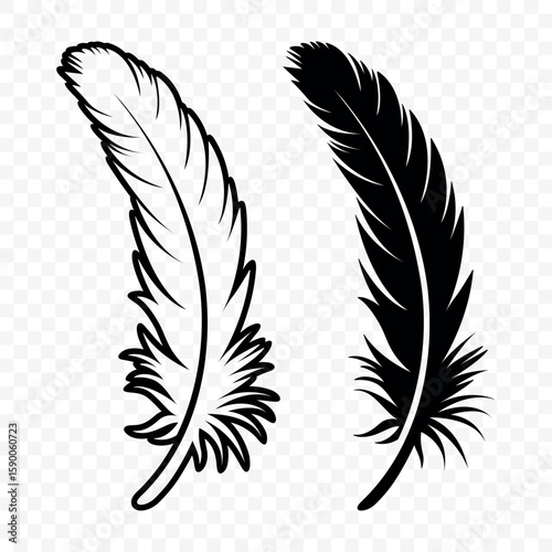 Vector Black and White Fluffy Feather Logo Icons. Silhouette Feather Set Closeup Isolated. Design Template of Flamingo, Angel, Bird Feather. Lightness and Freedom Concept