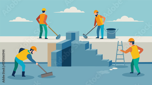 As the concrete sets the workers continue to use the to eliminate any remaining air gaps resulting in a solid and durable structure that will stand. Vector illustration