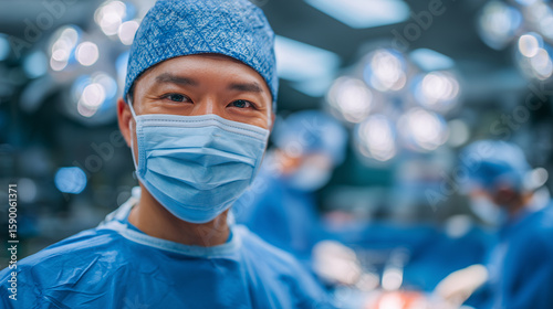 Focused surgeon in blue scrubs, surgical cap, and mask looks directly at camera while team operates. Operating roomâs sterile atmosphere, instruments, and monitors emphasize precis