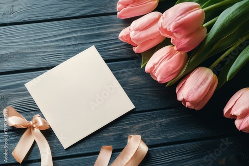 Colorful Tulips and a Gift Card With Ribbon on a Wooden Table for Special Occ...