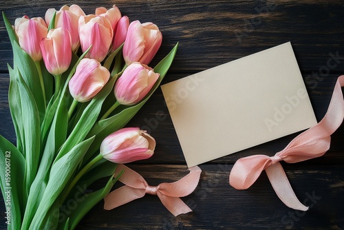 Elegant Bouquet of Pink Tulips With Blank Card and Ribbon on Dark Wooden Back...