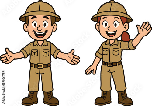 Cute cartoon boy and girl explorers in safari outfit, smiling characters, adventure concept, kids travel illustration, educational clipart