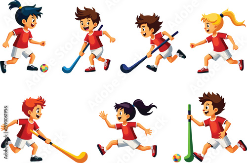 Happy kids playing team sports together outside, boys and girls running, hitting ball with hockey stick, teamwork, fun outdoor activity