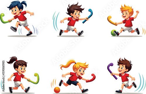 Happy active children playing field hockey with colorful sticks, cartoon kids sports illustration, outdoor fun, teamwork, healthy exercise, energetic young players
