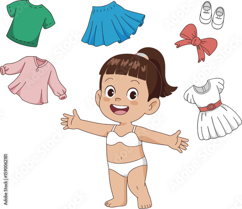 Adorable Little Girl in Underwear Ready to Dress Up with Various Clothing Options Around Her, Childhood Fashion Choices