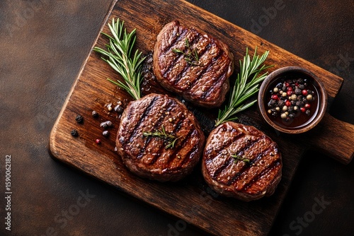 Grilled Steaks Served With Herbs and Dipping Sauce on a Wooden Board