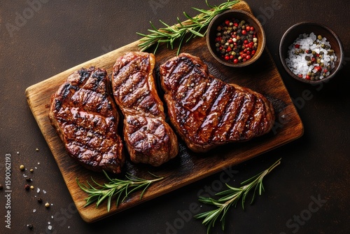 Grilled Steaks Served With Herbs and Dipping Sauce on a Wooden Board.