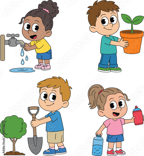 Happy children saving environment by planting trees, watering plants, recycling plastic, using water wisely, eco friendly kids learning sustainability activities.
