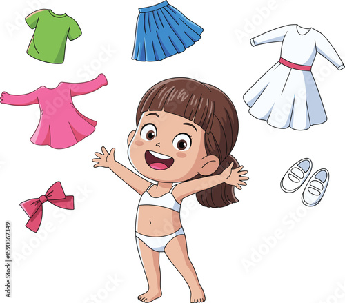 Cartoon child dress-up game, smiling kid in underwear, colorful clothing items, interactive outfit illustration, playful fashion activity, fun design