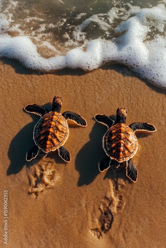 Baby Turtles Making Their Way to the Ocean at Sunset on a Sandy Beach.