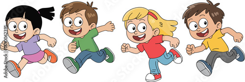 Cartoon kids running, happy children illustration, energetic group of kids, playful childhood moment, colorful outfits, smiling faces, outdoor fun