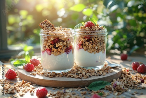 Delicious Granola Parfaits Layered With Yogurt and Fresh Raspberries in a Ser...
