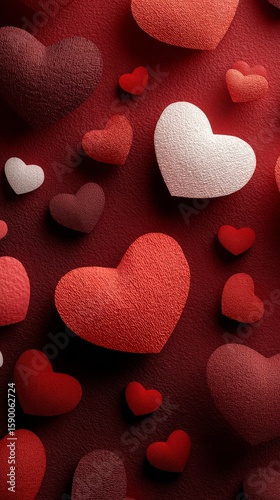 Colorful Paper Hearts Scattered on a Textured Background for Decoration and C...