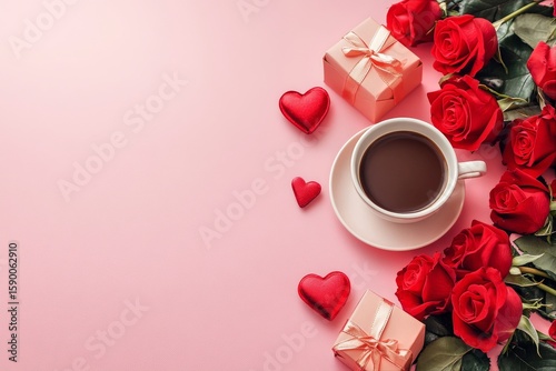 Romantic Coffee With Roses and Gifts on a Light Background for Special Occasions