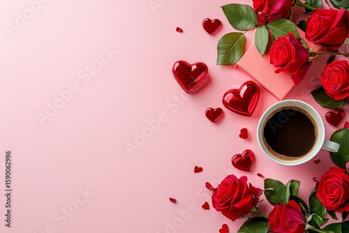 Celebrate Love With Roses, Coffee, and Heart Decorations on a Pink Background