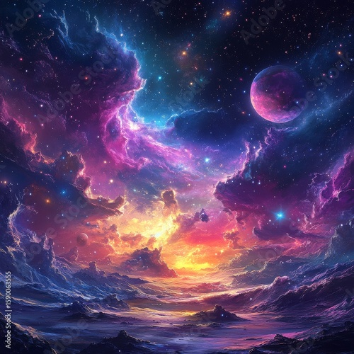 Colorful Cosmos With Vibrant Nebula and Distant Planets in Deep Space.