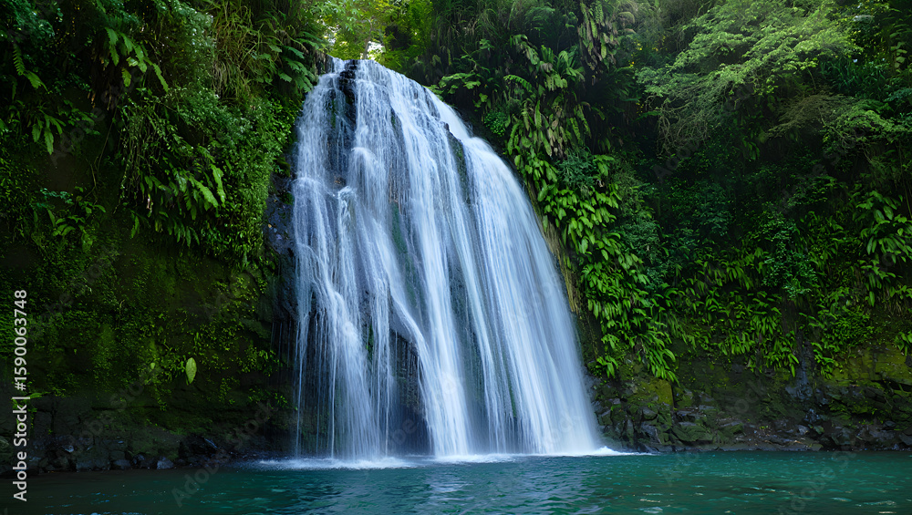 Obraz premium Serene Lush Waterfall Cascading into Teal Pool: Tranquil Nature Scene