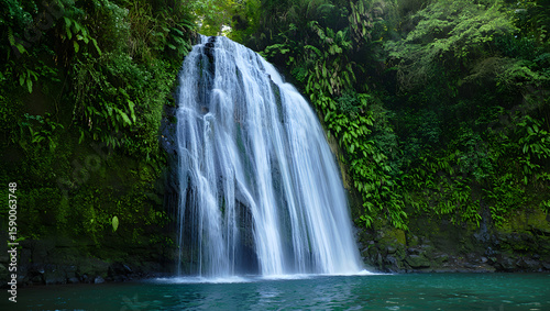 Serene Lush Waterfall Cascading into Teal Pool: Tranquil Nature Scene