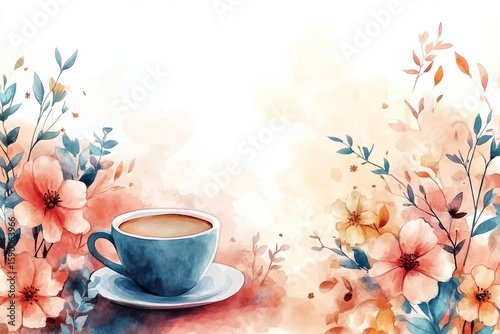 Warm Cup of Coffee Surrounded by Floral Elements in Soft Autumn Hues.