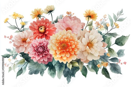 Vibrant Bouquet of Assorted Flowers in Watercolor Style Showcases Natures Bea...