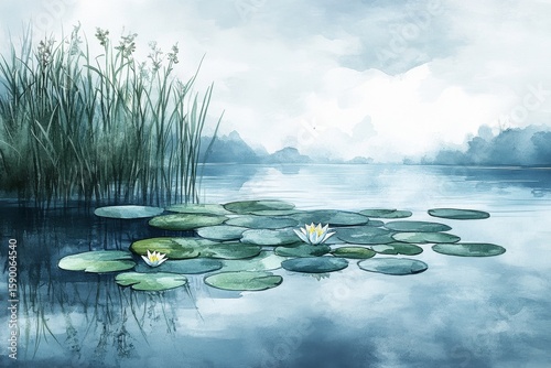 Calm Lake With Water Lilies and Tall Grasses During Early Morning Light.