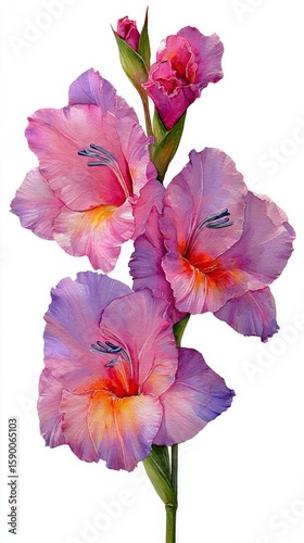 Vibrant Gladiolus Flowers in Shades of Pink and Purple Blooming in a Garden D...