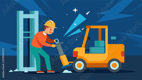 Amidst the loud noises of a busy construction site a technician is carefully welding a crack on the arm of a forklift to prevent any further damage.. Vector illustration