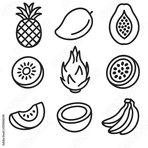 Tropical Produce Icons. Outline style icons of Tropical Produce: pineapple whole, mango slice, papaya half, kiwi cut, dragon fruit
