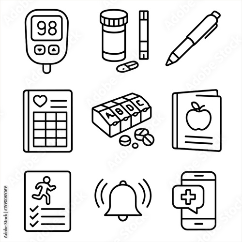 Chronic Disease Toolkit Icons. Outline style icons of Chronic Disease Management Kit: glucometer, test strip bottle, insulin pen,