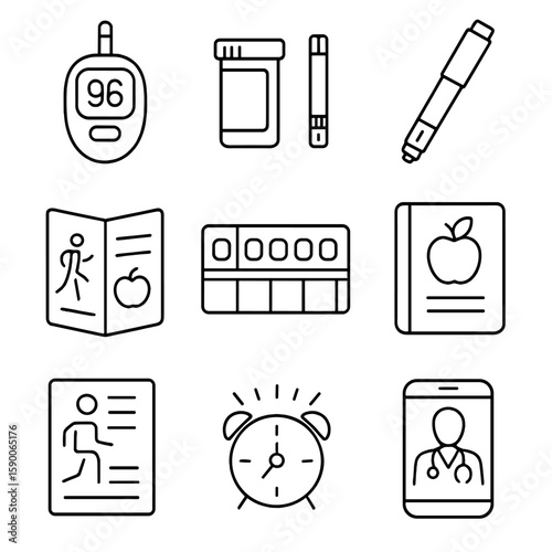 Chronic Disease Toolkit Icons. Outline style icons of Chronic Disease Management Kit: glucometer, test strip bottle, insulin pen,
