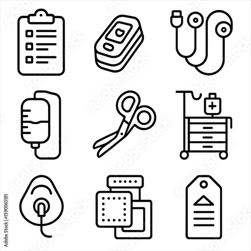 Emergency Triage Icons. Outline style icons of Emergency Room Triage: triage clipboard, pulse oximeter, EKG leads, IV drip bag,