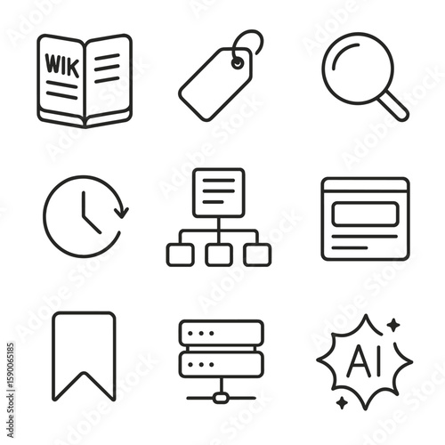Knowledge Management Icons. Outline style icons of Knowledge Management: wiki book, tag label, search magnifier, version history
