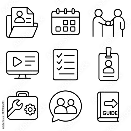 Onboarding Productivity Icons. Outline style icons of Onboarding Productivity: welcome packet, orientation calendar, mentor