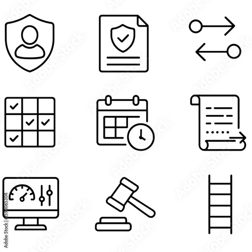 Data Governance Icons. Outline style icons of Data Governance Framework: stewardship badge, policy document, approval workflow