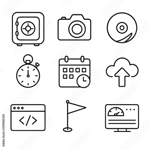 Disaster Recovery Icons. Outline style icons of Disaster Recovery Plan: backup vault, snapshot camera, off-site tape, RTO