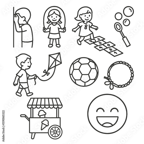 Playful Kids Icons. Outline style icons of Playful Kids Gathering: hide-and-seek silhouette, skipping rope, chalk hopscotch,