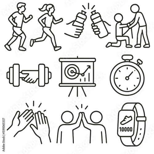 Fitness Routine Icons. Outline style icons of Fitness Buddy Routine: jogging pair, water bottle cheers, stretching strap help,