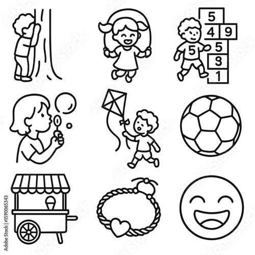 Playful Kids Icons. Outline style icons of Playful Kids Gathering: hide-and-seek silhouette, skipping rope, chalk hopscotch,