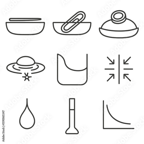 Surface Tension Icons. Outline style icons of Surface Tension Demo: needle on water, paper clip float, coin droplet bulge, soap