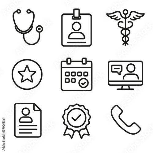 Medical Profile Icons. Outline style icons of Medical Professional Profile: stethoscope icon, hospital badge, specialty caduceus,